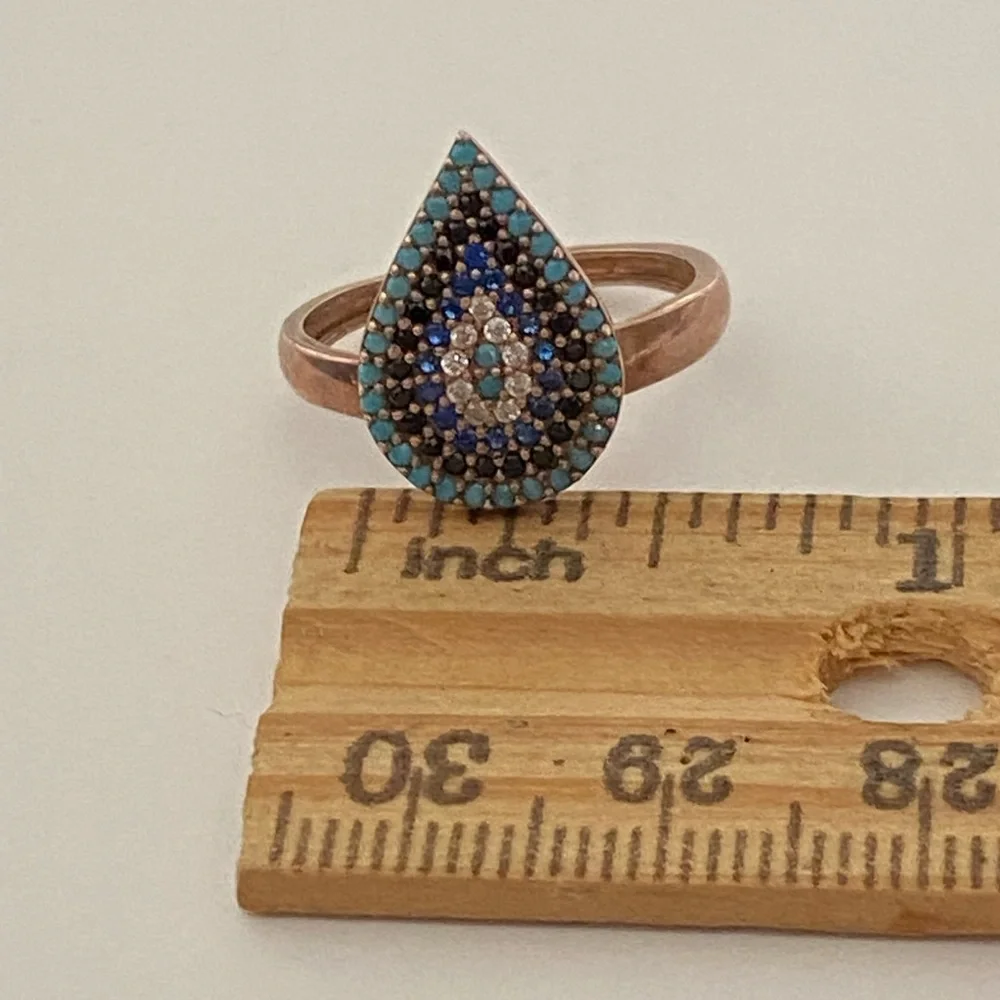 🧿 925 Silver ring drop evil eye cz turquoise stones 14k rose gold plated